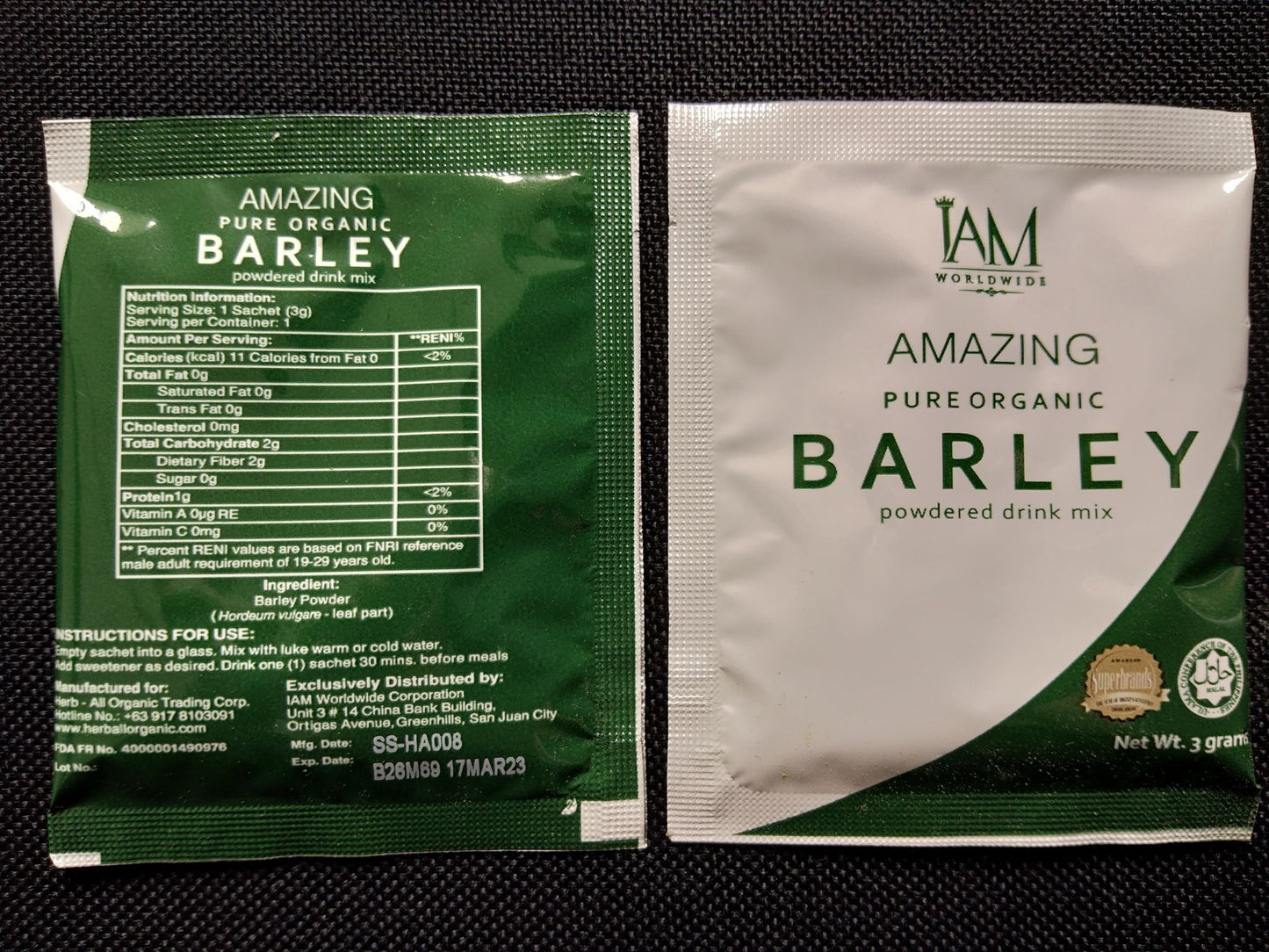 6 Boxes of IAM Worldwide Pure Organic Barley Powdered Drink Mix (3g x 60 Sachets)